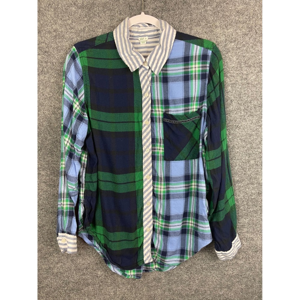 Aerie Mixed Plaid Button-Down Shirt Women's Small Blue Green Excellent Patchwork